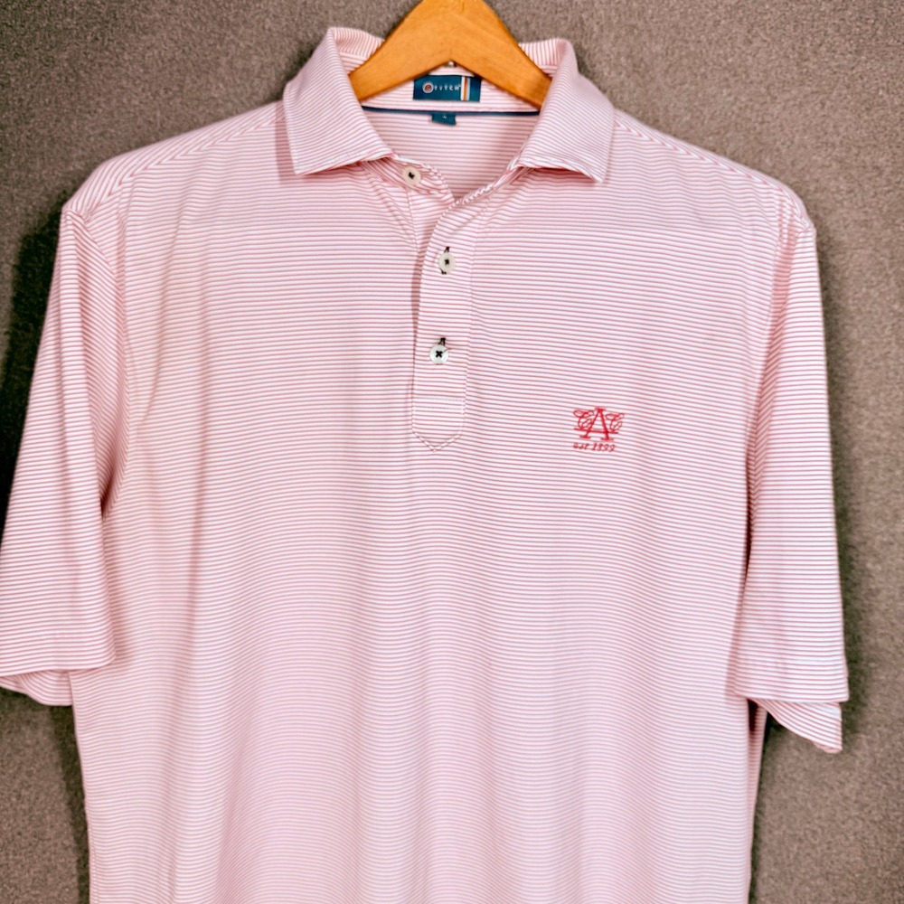 STITCH Golf performance Men's Polo Shirt – Red & White Micro Stripe Size ML